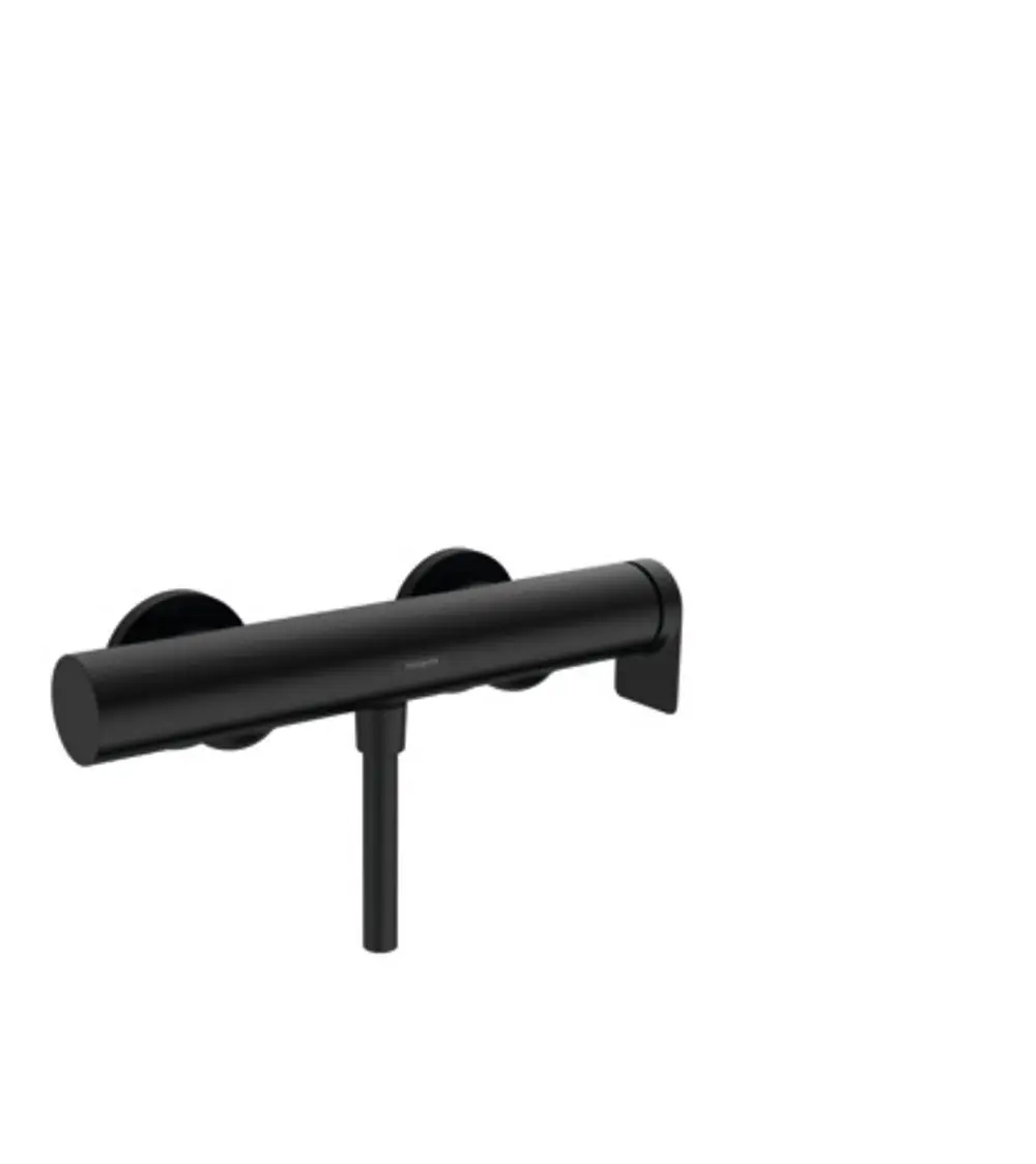 Hansgrohe Brausemischer in mattschwarz mit runder, schlanker Form und zwei Bedienelementen, montiert auf einer glatten Wand.